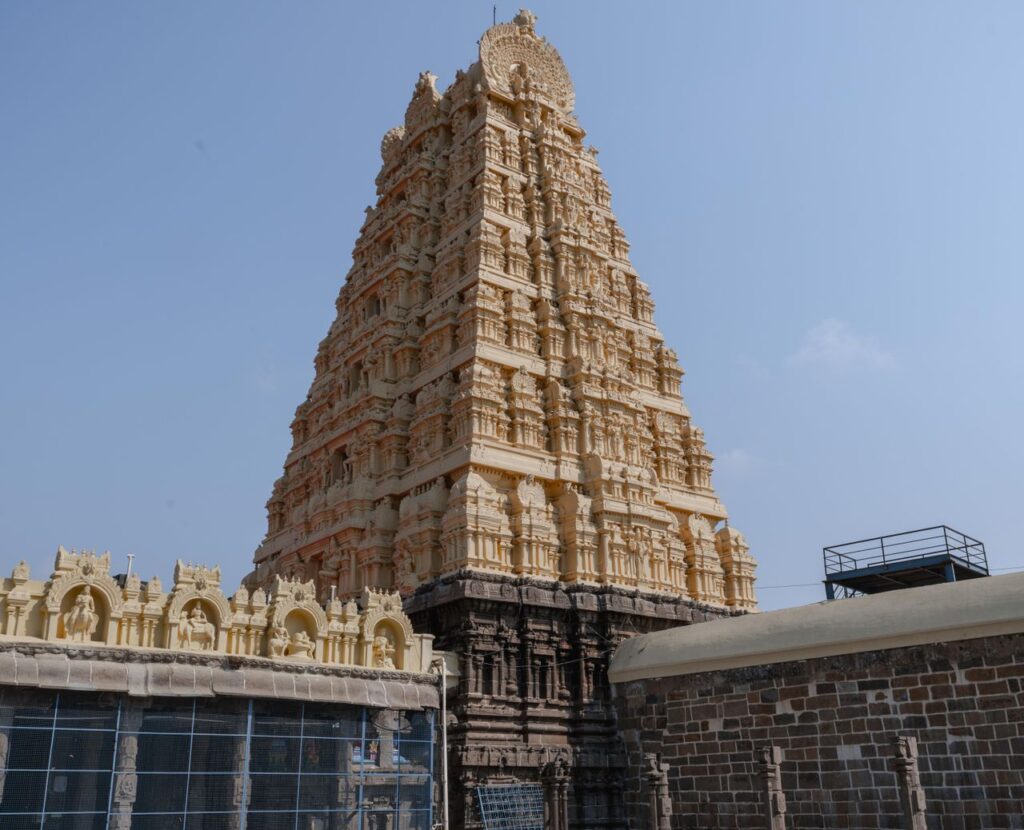 Stunning view of the intricate Gopuram at Varadharaja Perumal Temple in Kanchipuram, India.
